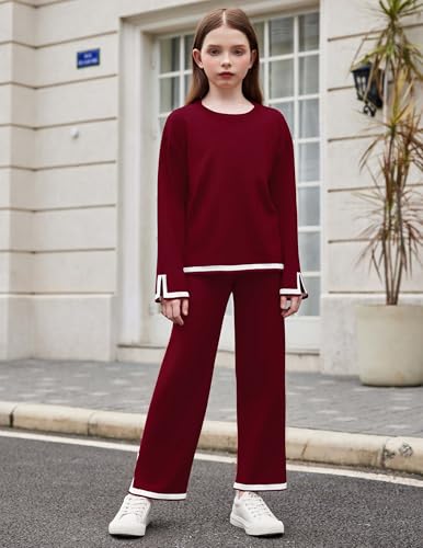 Image of Arshiner Girl's 2 Piece Outfits Long Sleeve Knit Pullover Sweater Tops Wide Leg Pants Casual Fall Sets Tracksuits