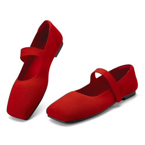 Image of Soesyi Wide Toe Box Flats Women Comfort Slip On Ballet Shoes Mary Jane Dressy Knit Flats with Adjustable Straps Washable Casual Office
