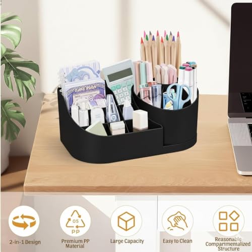 Image of Golden bird 360 Degree Rotating Desk Organizer Makeup Brush Organizers and Pencil Pen Organizers for Desk Desktop Storage Stationery Supplies Cute Pencil Cup Pot for Office School Home (BLACK)
