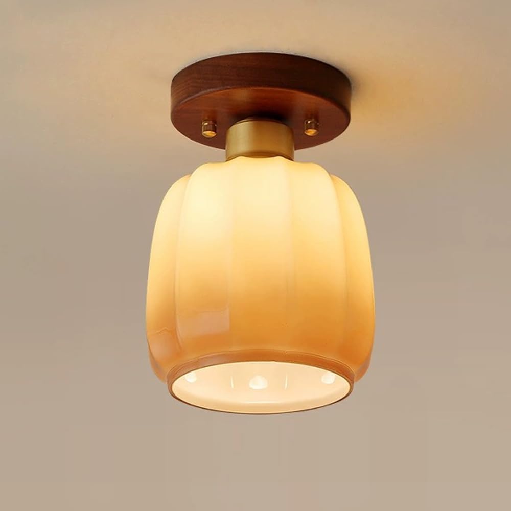 GHBSDNEPP Retro Walnut Wood Hallway Ceiling Light Japanese Style Gradient Glass Kitchen Island Semi Flush Mount Ceiling Lamp Modern Nordic Brass Bedroom Pendant Light for Entrance Hall Aisle Stairs