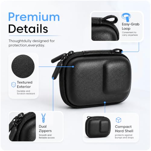 Image of Sounce Hard Carrying Case for DJI Osmo Action 5 Pro /4 /3, Waterproof PU Shell with Plush Lining, Shockproof Travel Storage Bag & Carabiner for Action Camera, 9.8 x 7.6 x 4.5cm (Black)