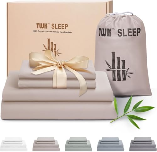 Image of TWK Luxury Sheet Set, Genuine 100% Organic Viscose Derived from Bamboo, Cooling & Breathable, Silky Soft, Bedding Sheets & Pillowcases (Sand, King)