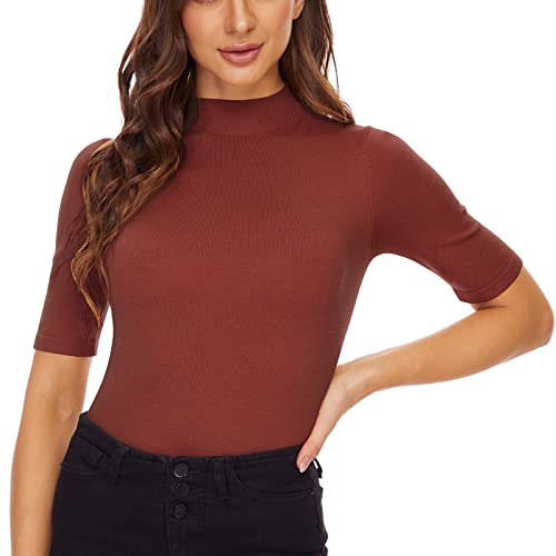 Image of Anbenser Women's Short Sleeve Mock Pullover Sweater Knit Jersey Top Slim Fit