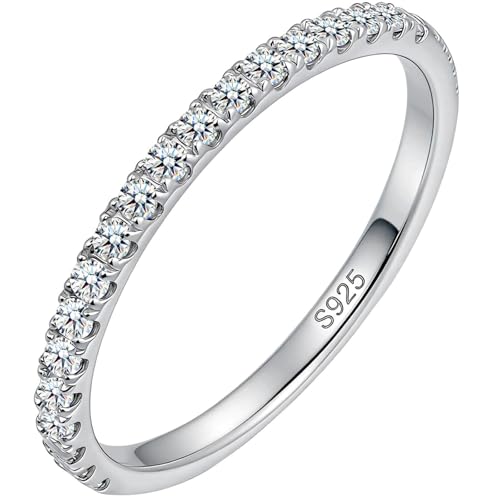 WES 1.5mm Moissanite Wedding Band - 925 Sterling Silver Half Eternity Round Stackable Moissanite Engagement Rings Anniversary Wedding Rings for Women Size 7