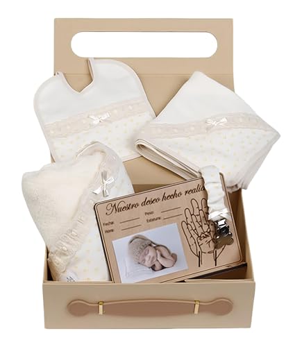 Set regalo recien nacido canastilla bebe niña niño babero muselina chupetero toalla capa baño placa madera personalizada recuerdo nacimiento algodón organico suave idea original regalo bautizo
