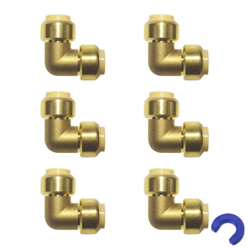6 PCS 1/2 Inch 90 Degree Elbow for PEX Fittings, Copper Plumbing Fittings, CPVC Pipe Connector Fitting, Lead Free Brass, Push-to-Connect, Push Fit Fitting, 0.5 Inch (1/2\" Disconnect Clip Included)