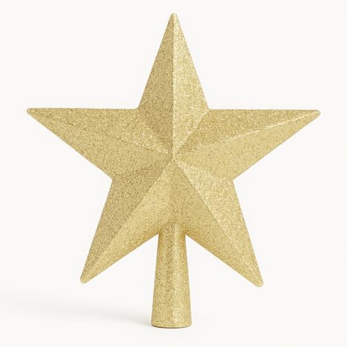 Ponteira Estrela 5 Pontas Topo de Árvore de Natal 19 cm com Glitter – Plástico Leve, Haste de Encaixe, Cores Vermelho e Dourado, Brilho Intenso, Durável - Lene (Ponteira Estrela Dourada)