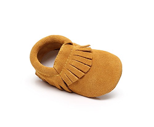HONGTEYA Leather Baby Moccasins Hard Soled Tassel Crib Toddler Shoes for Boys and Girls (18-24 Months/5.51inch, Suede Light Brown)