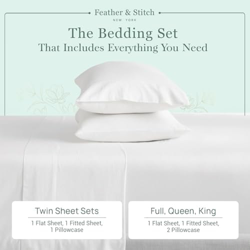Feather & Stitch Softest 100% Cotton Sheets, 300 Thread Count Percale Weave Bedding, 16" Deep Pocket, Cooling Sheets, Breathable Bed Set, Hotel Premium Quality (Queen, White) - Thumbnail 5