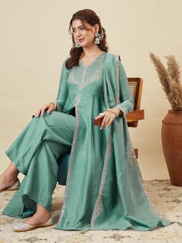 Image of MOKOSH Women's Silk Heavy Embroidered Anarkali Suit Set with Dupatta