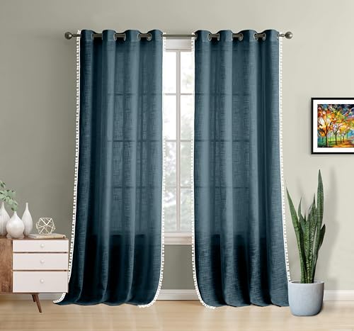 Image of THE LINEN COMPANY Cotton Sheer Grommet Curtains with Side Border Pompom Sheer Curtain for Long Door Linen Textured, Light Filtering, Pack of 2 (Navy Blue, 8 Feet)