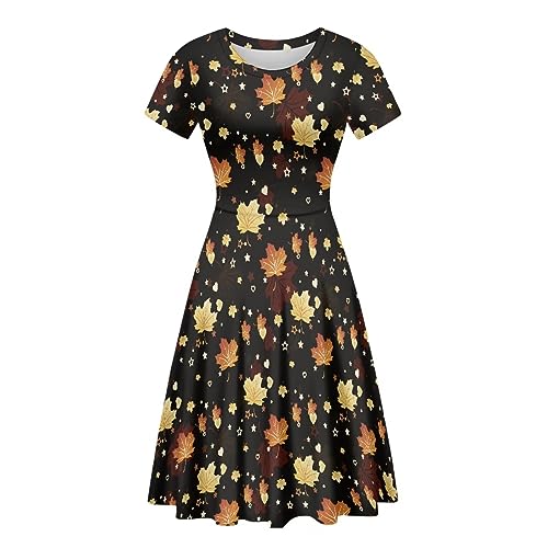 Belidome Vestido de fiesta de manga corta para mujer, Hoja de arce otoñal y otoño, M