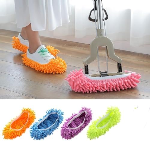 FEATHERHEAD Bontip 4 Pairs (8 Pieces) Unisex Washable Dust Mop Slippers Shoes Microfiber Cleaning House Mop Slippers Multifultional Floor Cleaning Shoes Cover for House Kitchen Office (Free Size)