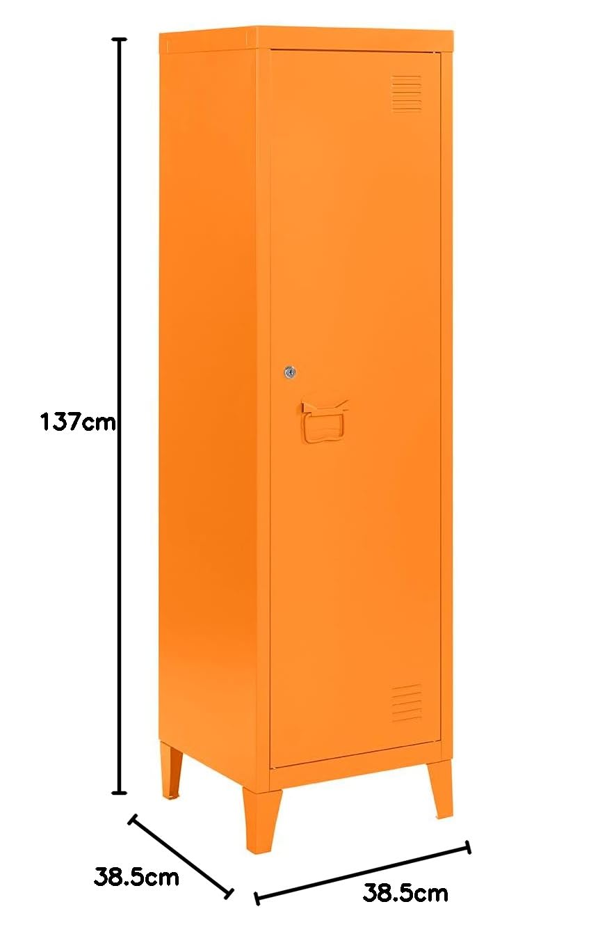 MMT Furniture Designs Ltd Armario Delgado de Metal, Color Naranja, Amarillo, Azul, Blanco, Gris, con Cerradura, para Limpiar Zapatos, Armario de una Puerta, Almacenamiento Industrial (Naranja, RAL