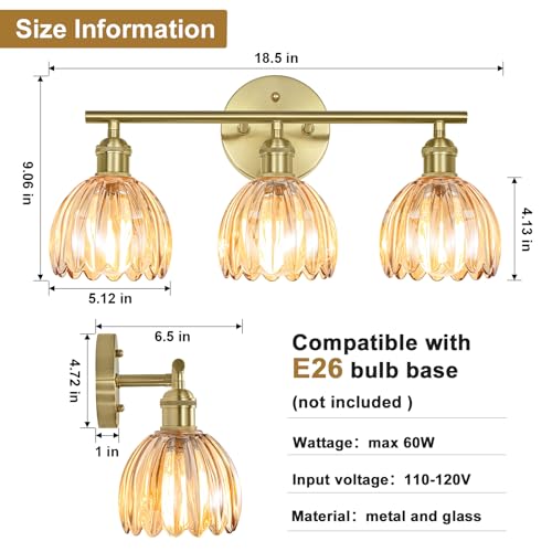 Image of Vintage Bathroom Light fixtures, Gold Vanity Lights, ETL Certified