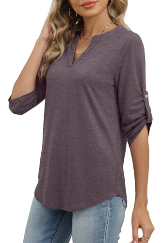 Image of XIEERDUO 3 /4 Length Sleeve Womens Tops V Neck T Shirts Both Side Buttons Blouses Business Casual Outfits Loose Fit