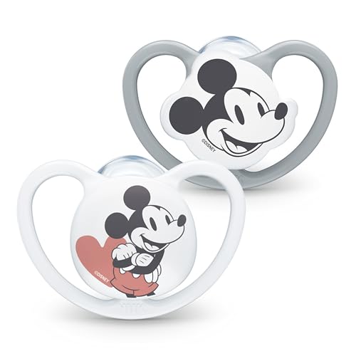 NUK Tétine Space | 6-18 mois | Sucettes avec aérations extra-larges | Silicone sans BPA | Disney Mickey Mouse, gris et blanc | 2 unités