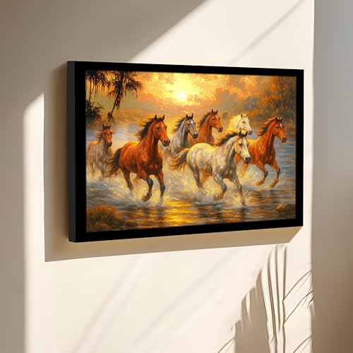 Image of 7 Running Horses Vastu Framed Wall Art Painting for living Room| Seven Horse Painting With Frame Symbol of Success & Positive Energy Wall Art for Living Room & Office, 10x12 Inch