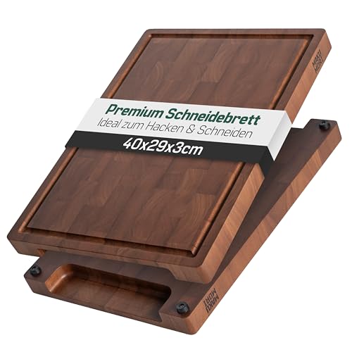 MAKUMORI Premium Schneidebrett aus Massivholz, Stirnholz, End Grain 40x29x3cm - Aus karbonisiertem Heveaholz -FSC®-zertifiziert, Füße, Saftrinne und große Griffmulden