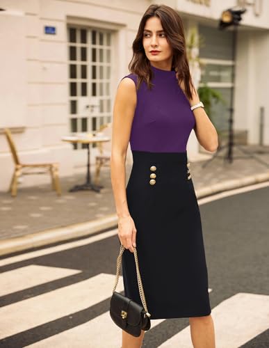 Image of GRACE KARIN 2026 Women's Lightweight Mock Neck Business Work Dress Sleeveless Double Breasted Bodycon Midi Dress