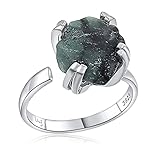 Natural raw emerald gemstone adjustable finger ring with white gold over 925 sterling silver,...