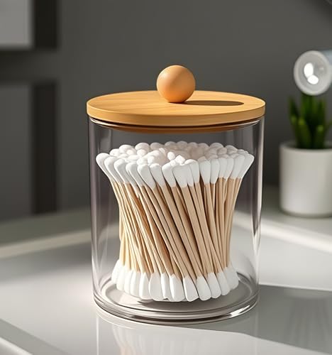 Clear Cotton Swab Organizer with Lid, Makeup Cotton Pad Storage Box, Acrylic Vanity Countertop Womens Table Cosmetic Holder Organizers Circle Transparent 3