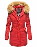 MARIKOO Karmaa Damen Winter Jacke Steppjacke Parka Mantel warm gefüttert Winterjacke XXL Kunstfellrand , Farbe:Rot, Größe:M 38