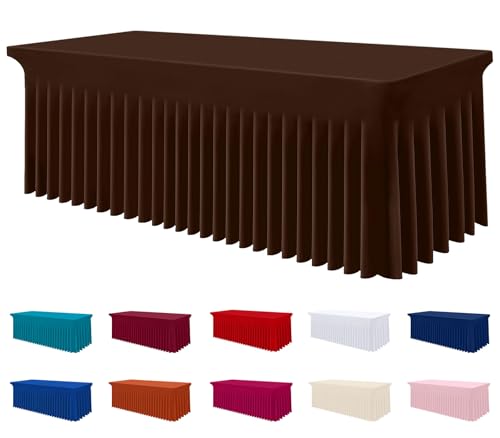 Image of Smiry Spandex Elastic Fitted Table Cloth Skirt for 8FT Rectangle Table | Stretch Washable Table Cloth, Banquet Table Cover for Wedding, Party, Indoor & Trade Shows, (Coffee, 96Lx30Wx30H)