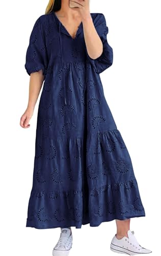chouyatou Women's Summer Loose Floral Lace Eyelet Dress Boho Casual Notch Neck Maxi Tunic Beach Dress