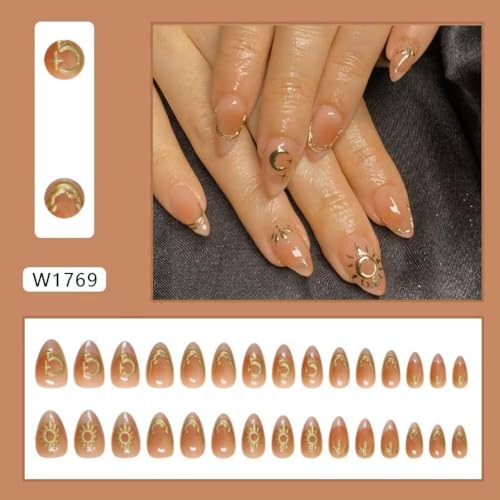 Image of Star Moon Press on Nails 3D Gold Fake Nails Short Almond False Nail with Design French Tip Glue on Nails Glossy Artificial Acrylic Full Cover Ombre Stick on Nail for Women Manicure 24Pcs