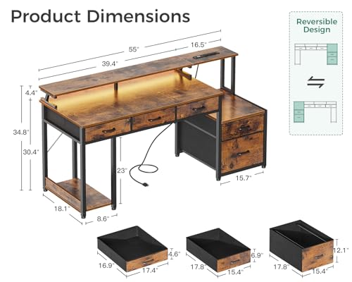 AODK 55 Inch Computer Desk with 3 Drawers and File Cabinet for Storage, Office Desk with Monitor Stand and LED Lights, Home Office Desks, Vintage