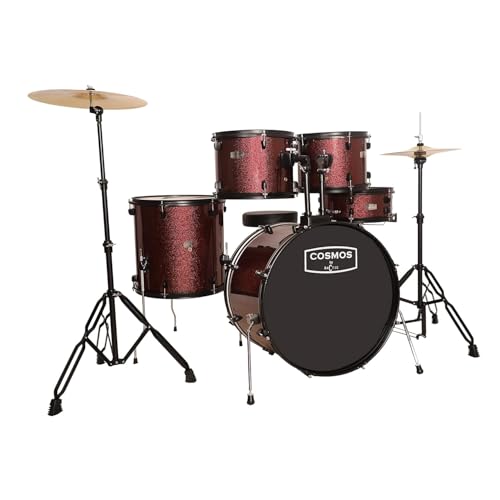 Image of ARCTIC COSMOS 22 inch 5-Piece Acoustic Drum Set for Adults - Full-Size Drum Kit with Cymbals, Hardware, Drumsticks & Throne | Beginner to Professional Acoustic Drum Kit (Red)