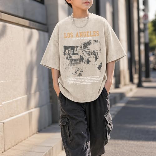 Image of Oversized Boys Graphic Tees Acid Wash Los Angeles Tshirt Youth Cotton T Shirt Crewneck Tee Kids Short Sleeve Tops