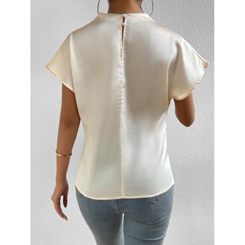 AEAEAE Women's Elegant Satin Short Sleeve Mock Neck Blouse Shirt Top (UAE/KSA, Alpha, M, Regular, Regular, White)