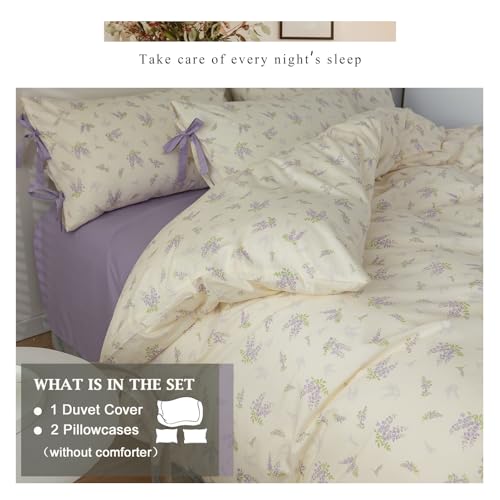 VM VOUGEMARKET Cotton Duvet Cover Set Queen,3 Pieces Purple Floral Bedding Set,Girls Lavender Flower Duvet Cover with Zipper Closure-Queen,90x90 Inch