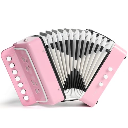 10 Keys Kids Accordion, Horse Button Accordion Toys Accordian Mini Musical Instruments Button for Child Children Kids Toddlers Beginners (Light Pink)