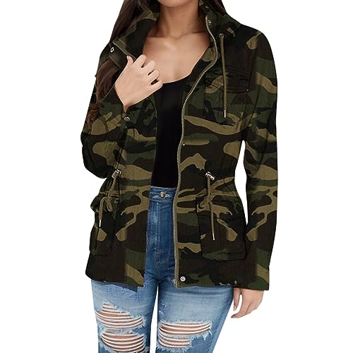 Veste camouflage à manches longues pour femme avec bouton Ripped Camouflage Manteaux Automne Hiver Décontracté Street Camouflage Veste Casual Vestes avec de...