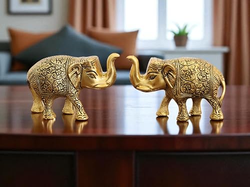 Image of KridayKraft Handcrafted Intricately Detailed Gold-Plated Metal Elephant Showpiece Vastu- Symbol of Prosperity,Friendly Decor for Living Room for Home & Office Decor
