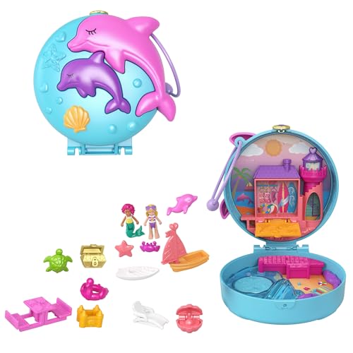 Polly Pocket GTN20 - Delfinstrand Schatulle, 2 kleine Puppen, 5 &Uuml;berraschungen, 13 Zubeh&ouml;rteile, Pop + Swap-Funktion, Spielzeug ab 4 Jahren