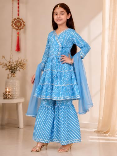 Image of Preneum Girl's Cotton Rayon Bandhani & Lahariya Printed Angrakha Kurta with Sharara & Dupatta
