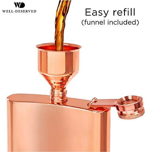 8oz Copper Flask and Funnel Set. Copper 7th / 22nd Anniversary Gifts for Men or Women, Him or Her. Gift Ideas. Rose Gold Flask. Black Satin Gift Box. Copper Alcohol Drinking Flask. by Well-Deserved