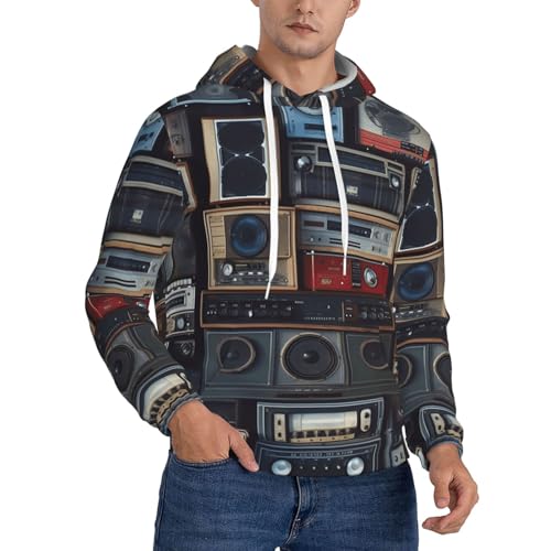 Men's Fleece Pullover Hoodie Long Sleeve Hooded Vintage Wall of Radio Boombox Sweatshirt Casual Shirts With Pockets