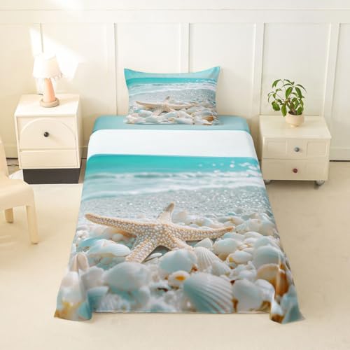 Image of jejeloiu Summer Beach Bed Sheets Set Twin Size Sea Bed Set for Kids Boys Girls Ocean Deep Pocket Fitted Sheet Starfish Breathable Soft Lightweight Microfiber