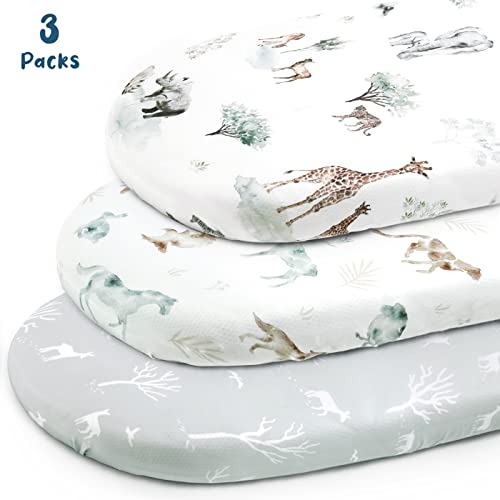 Image of Stretchy Ultra Soft Fitted Bassinet Sheet Set 3 Pack, Universal Fit for Bassinets Baby Cradle Moses Basket Oval Rectangle Mattress Safe and Snug, Stylish African Savannah Animals Pattern