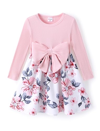 PATPAT Mädchenkleider Langarm Prinzessin Kleid für Mädchen A-Linie Herbst Blumenkleid mit Schleifendesign an der Taille für Einschulung,...