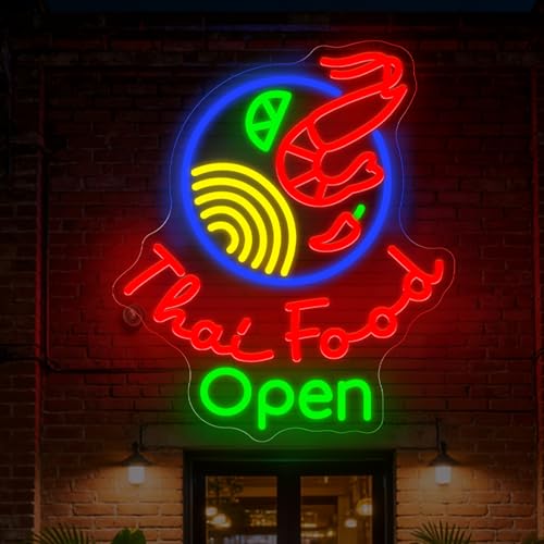 Image of Thai Food Open Neon Sign, Thailand Restaurant LED Neon Sign Wall Decor, Neon Signs for Wall Decor Food Shop Light Thai Cuisine Display 15.7 inch x 13.4 inch