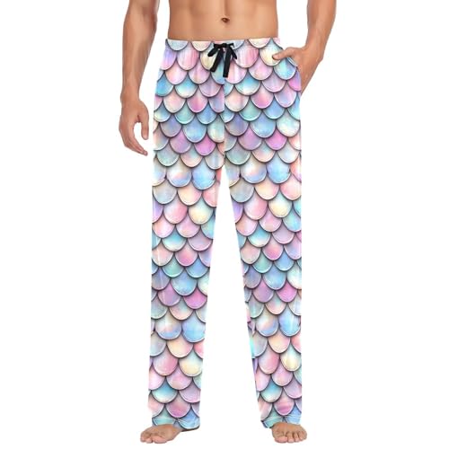 Men's Mermaid Rainbow Scales Pajama Pants with Pockets - Straight Fit Cotton Sleep Bottoms for Lounge & Nightwear