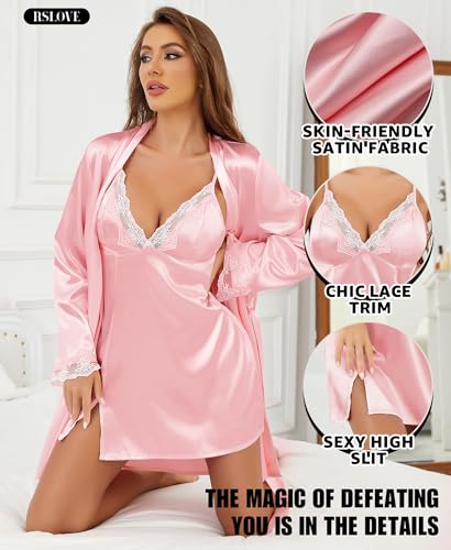Image of RSLOVE Women's Satin Sleepwear Set - 2 Piece Lace Cami Nightgown and Long Sleeve Robe Sexy Silk Pajamas Lingerie for Women