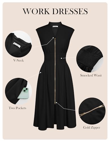 Image of GRACE KARIN Womens Summer Casual Dress, Business Office Work Dresses, Cap Sleeve Zipper Front Flowy Midi Dress with Pockets