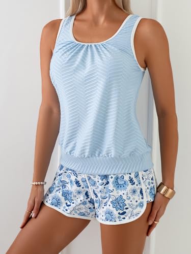Image of Aidonger Women's Tankini Swimsuit Modest Two Piece Bathing Suit Tummy Control Athletic Blouson Tank Top with Short Bottoms
